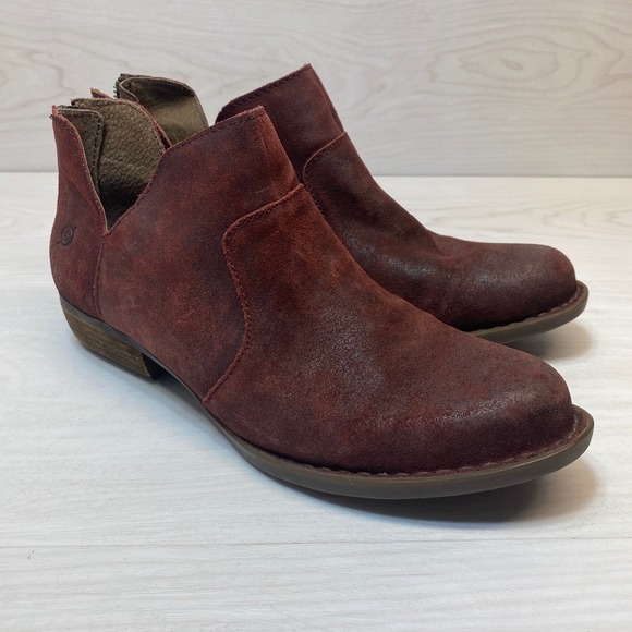 Born Shoes - Born Womens 9.5 Kerri Ankle Boots Booties Burgundy Suede Zip Cutout Block Heel